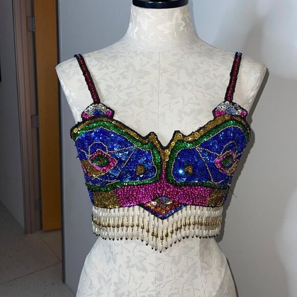 Vintage Sequin Bra Top Size Medium Multicolor Beaded Pearl Fringe Embellished - Picture 10 of 16